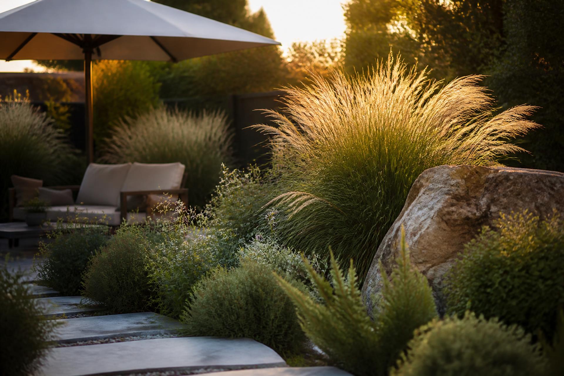 Award-winning Melbourne garden with ornamental grasses at golden hour
